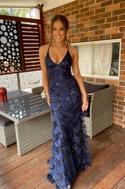 Spaghetti Straps Navy Blue V Neck Long Prom Dresses