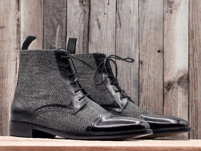 Handmade Men's Tweed Leather Laceup Cap Toe Boot