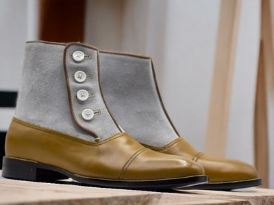 Handmade Men's Two tone Leather & Suede CapToe Button Ankle Boot