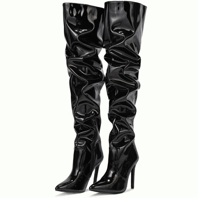 Women's stretch over-the-knee pointed-toe patent leather high-top black zipper stiletto high-heeled boots