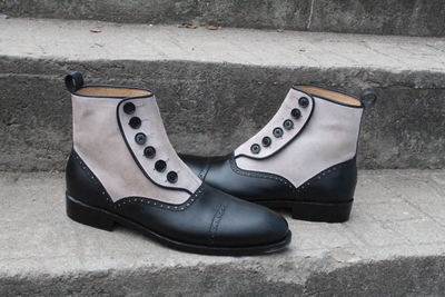 Crafted Leather Men Black Leather and White Suede Button Ankle Dress Boot
