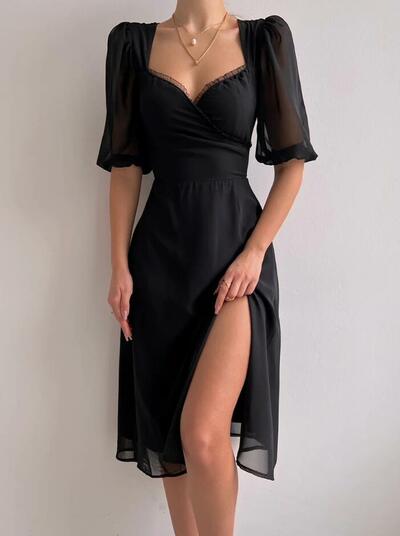 Fashion Black Puff Sleeve Midi Prom Dress For Women