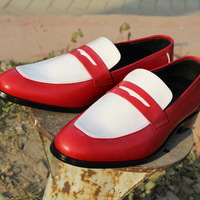 Crafted Leather White Red Genuine Leather Loafers Moccasin Dress Shoes - Thumbnail 1
