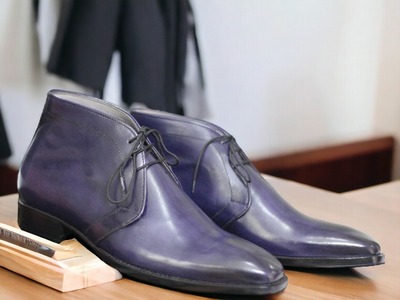 Handmade Men's Purple Leather Lace up Chukka Boot