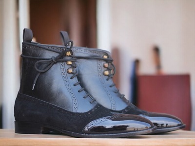 Handmade Men's Two tone Leather & Suede Laceup Wing tip Ankle Boot