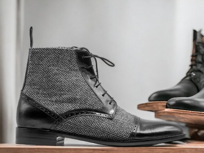 Handmade Men's Tweed Leather Laceup Cap Toe Boot