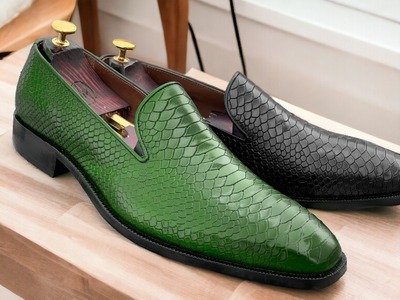 Handmade Men's Green Python Leather Loafer Shoes