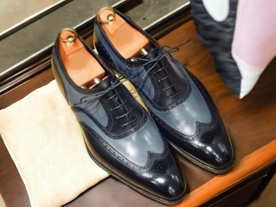 Handmade Two tone Leather Laceup Wing tip Brogue Office Shoes