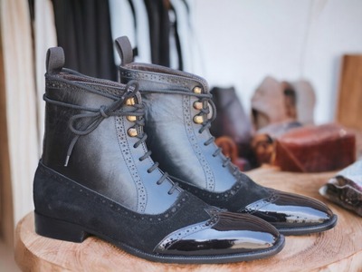 Handmade Men's Two tone Leather & Suede Laceup Wing Tip Ankle Boot