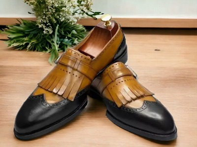 Handmade Men's Two tone Leather Singal Monk Buckle Fringe Wing tip Dress shoes