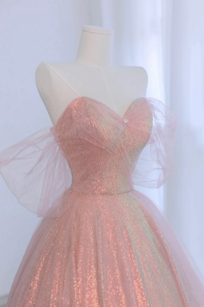 Pink Tulle and Sparkling Sequins Floor Length Prom Dress, Beautiful A Line Evening Party Dress KPP1750