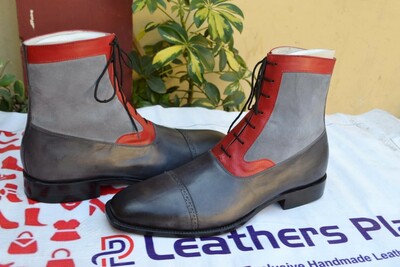 Crafted Leather Handmade Men's Gray Red Leather Contrast Ankle High Lace up Dress Boot