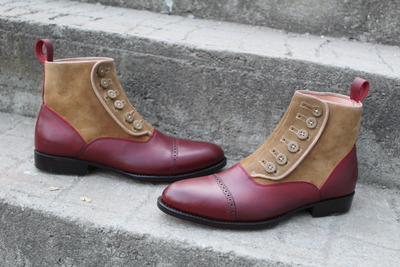Crafted Leather Men Brown Suede and Red Leather Button Dress Boot