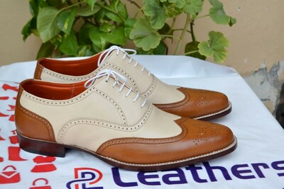 Crafted Leather Brown Beige Leather Oxford Wingtip Shoes, Bespoke Handmade Men Classic Dress Shoes