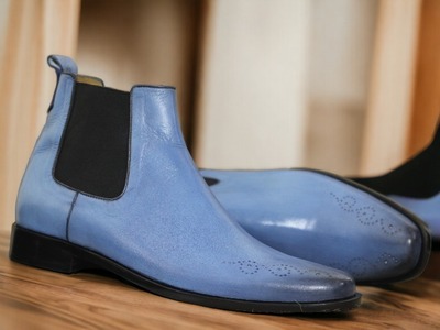 Handmade Men's Blue Leather Chelsea Ankle Boot
