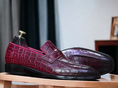 Handmade Men's Burgundy Alligator Leather Penny Loafer Shoes