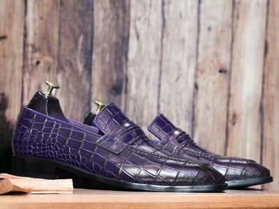Handmade Men's Purple Alligator Print Penny Loafer Shoes
