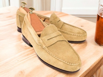Handmade Men's Beige Suede penny Loafer Shoes