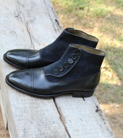 Crafted Leather Black Calf and Dark Blue Suede Leather Men Button Ankle High Dress Boot