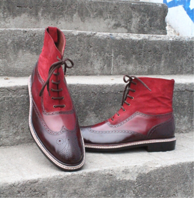 Crafted Leather Burgundy Red Suede Wingtip Double Norwegian Welted Classic Men Ankle High Lace up Boot