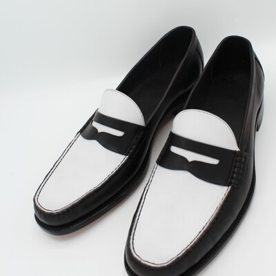 Crafted leather handmade black white leather moccasin loafers dress formal shoes - Thumbnail 5
