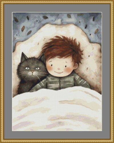 Boy And His Cat Cross Stitch Pattern
