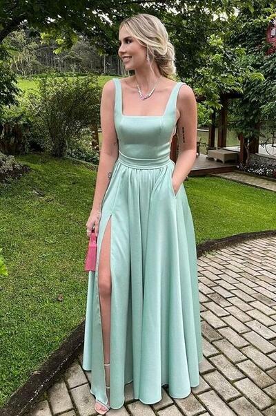 Simple A Line Satin Prom Dresses, Split Evening Gown