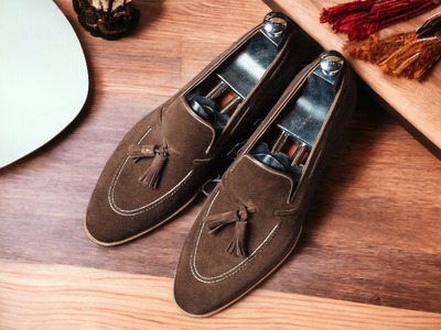 Handmade Men's Chocolate Brown Suede Tassle Loafer Shoes