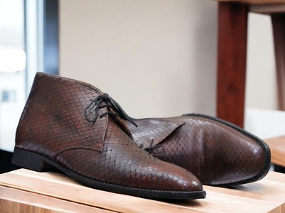 Handmade Men's Brown python Leather Laceup Chukka Boot