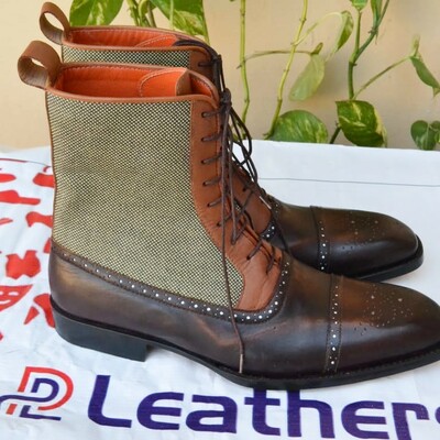 Custom handmade men ankle high lace up black brown and tweed contrast balmoral boot - Thumbnail 4