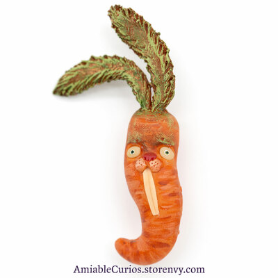 Shocked Carrot Bunny Halloween Pin, polymer clay brooch, unique fantasy animal and vegetable cross, ooak