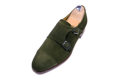 Men Green Double Monk Suede Leather Shoes