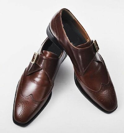 Men Brown Brogue Wingtip Single Monk Genuine Handmade Leather Shoes