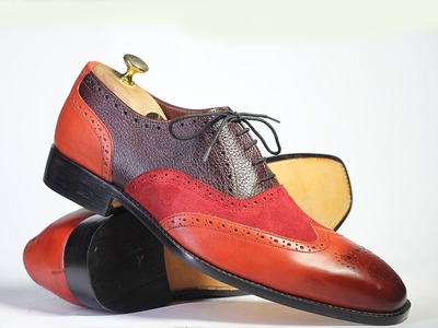 Handmade Men's Multi Tone Leather & Suede Laceup Wing Tip Dress Shoes