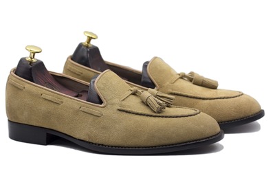 Handmade Men's Beige Suede Tassle Loafer Shoes