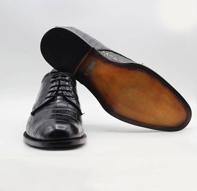 Handmade Men's Black Alligator Print Laceup Dress Shoes