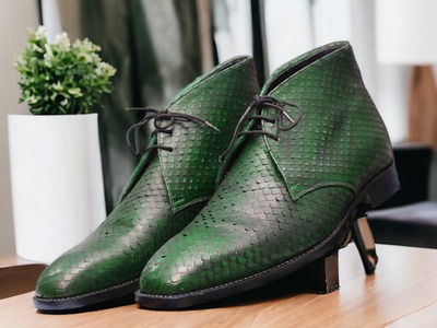 Handmade Men's Green Python Print Laceup Chukka Boot
