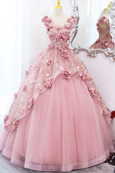 Cute Pink Tulle Long Prom Dress with Flowers Sweet 16 Gown KPP1758