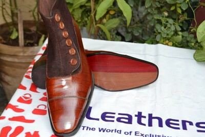 Two Tone Men Brown Crocodile Texture and Suede Leather Button Ankle High Dress Boot