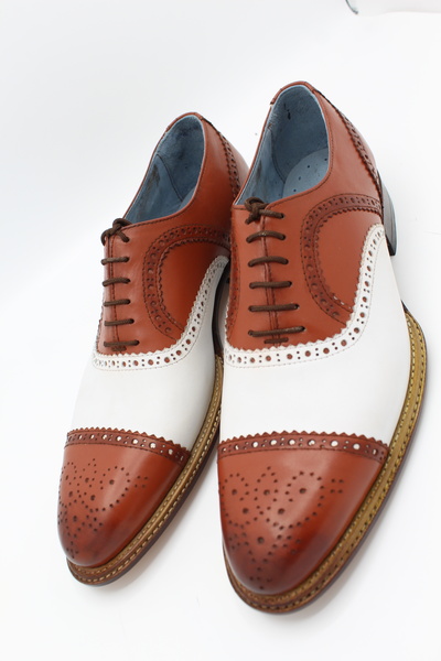 Crafted Leather Handmade Men Double Norwegian Welted Tan and White Lace up Dress Oxford Shoes