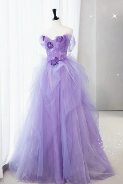 Purple Lace Floral Tulle Long Prom Dresses, Purple Tulle Long Lace Formal Evening Dresses KPP1761
