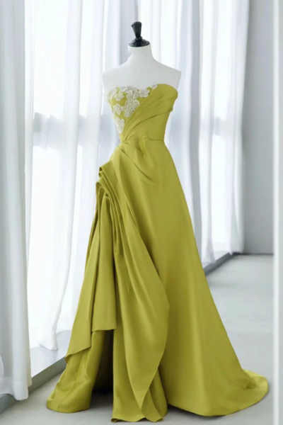 Strapless Green Satin Floral Prom Dresses, Green Long Floral Long Formal Evening Dresses KPP1762
