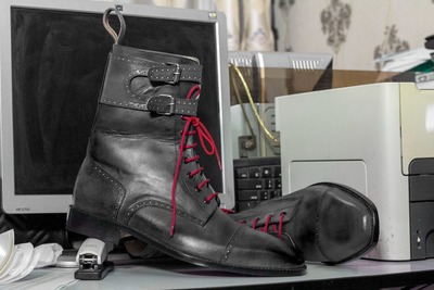 Handmade Men's Black Double Monk Buckle Laceup Cap Toe Ankle Boot