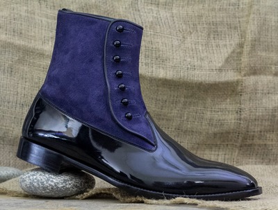 Handpainted Men's Black Leather & Blue Suede Button Boot