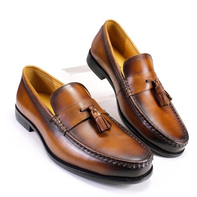 Men's tassel slip-on handmade genuine leather cowhideshoes rubber wear-resistant outsole  2 colors - Thumbnail 1