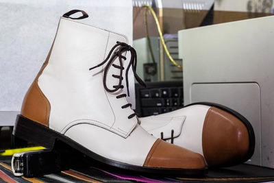 Handmade Men's Two tone Leather Laceup Derby Cap Toe Boot