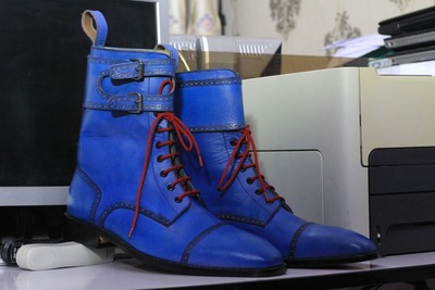 Handmade Blue Double Monk Buckle Laceup Cap Toe Ankle Boot Men's