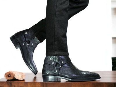 Ankle High Men's Black Harness Zipper Leather Boot, Formal Boot