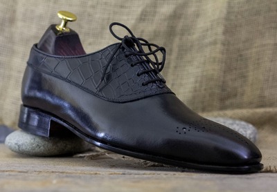 Handmade Black Leather & Alligator Print Brogue Lace up Dress Shoes Men's