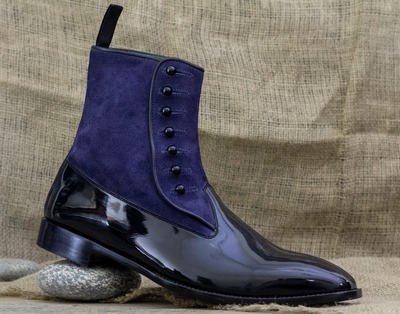 Handpainted Men's Black Leather & Blue Suede Button Boot